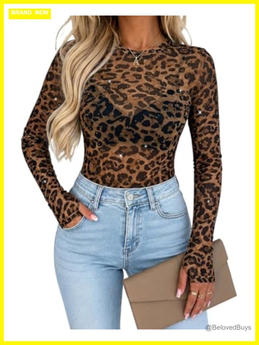 Rhinestone Mesh Top Long Sleeve Sheer Blouse Thumb Holes